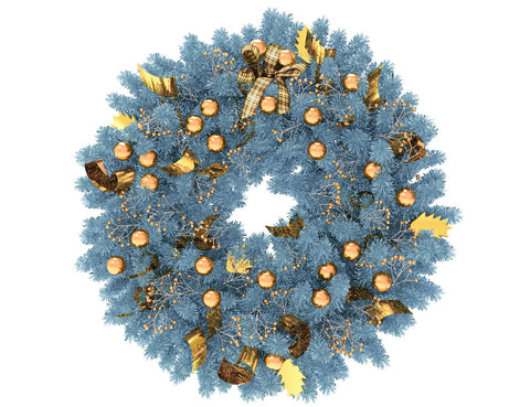 Blue Christmas wreath with gold globes and gold ribbon
