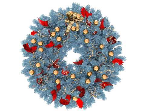 Blue Christmas wreath with gold globes and red ribbon