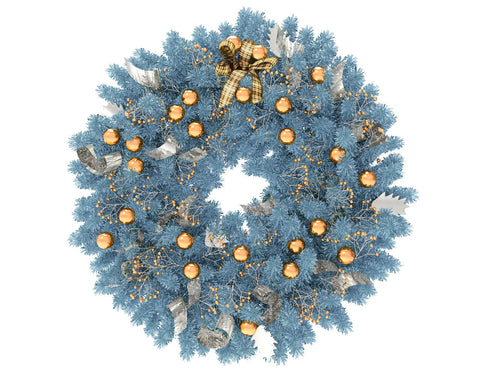 Blue Christmas wreath with gold globes and silver ribbon