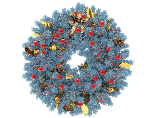 Blue Christmas wreath with red globes and gold ribbon