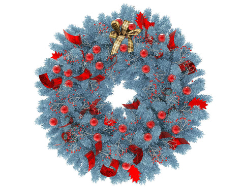 Blue Christmas wreath with red globes and red ribbon