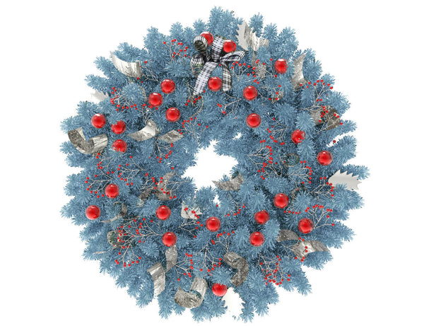 Blue Christmas wreath with red globes and silver ribbon