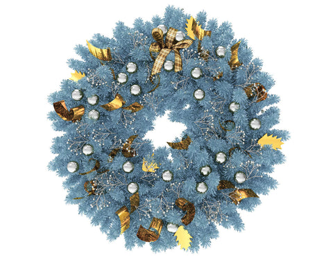 Blue Christmas wreath with silver globes and gold ribbon