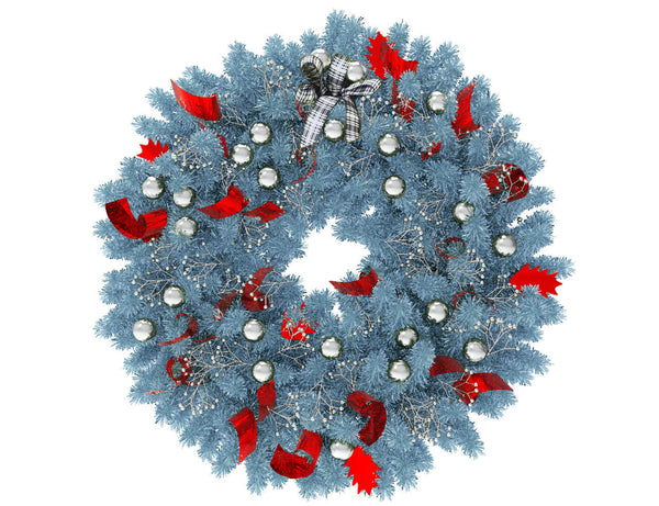 Blue Christmas wreath with silver globes and red ribbon