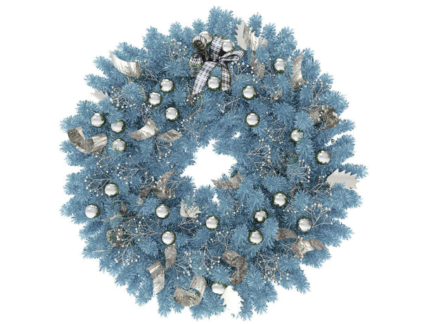 Blue Christmas wreath with silver globes and silver ribbon