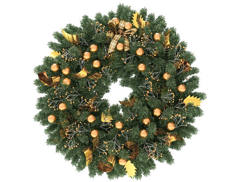 Green Christmas wreath with gold globes and gold ribbon