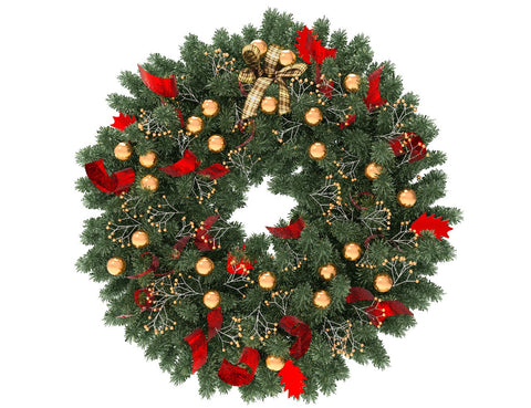 Green Christmas wreath with gold globes and red ribbon