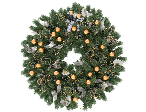 Green Christmas wreath with gold globes and silver ribbon
