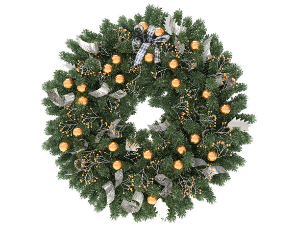 Green Christmas wreath with gold globes and silver ribbon