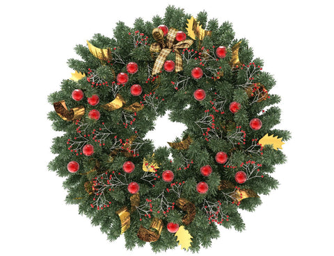 Green Christmas wreath with red globes and gold ribbon