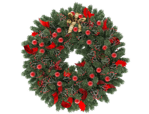 Green Christmas wreath with red globes and red ribbon