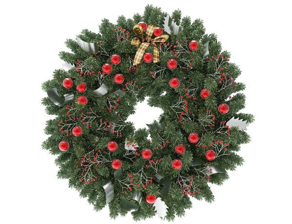 Green Christmas wreath with red globes and silver ribbon