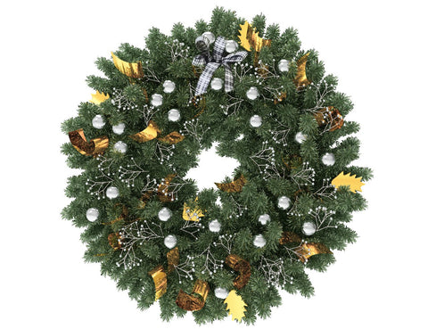 Green Christmas wreath with silver globes and gold ribbon
