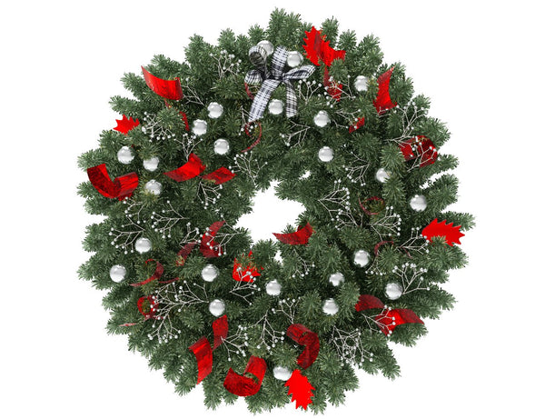 Green Christmas wreath with silver globes and red ribbon