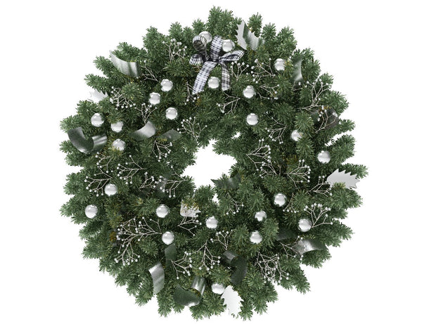 Green Christmas wreath with silver globes and silver ribbon