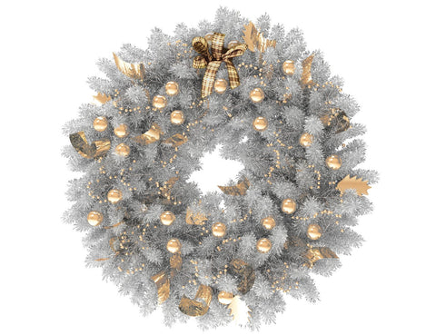 White Christmas wreath with gold globes and gold ribbon