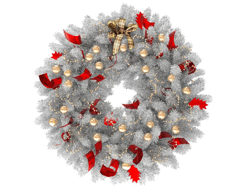 White Christmas wreath with gold globes and red ribbon