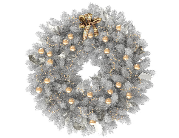 White Christmas wreath with gold globes and silver ribbon