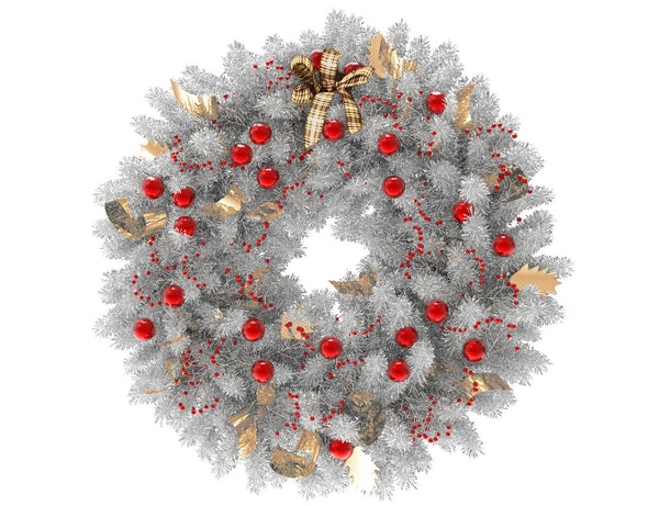 White Christmas wreath with red globes and gold ribbon