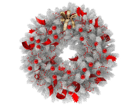 White Christmas wreath with red globes and red ribbon