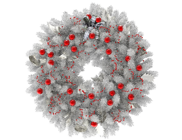 White Christmas wreath with red globes and silver ribbon