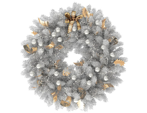 White Christmas wreath with silver globes and gold ribbon