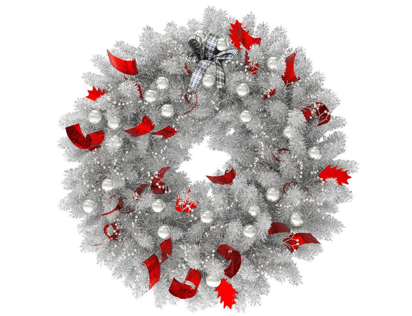 White Christmas wreath with silver globes and red ribbon