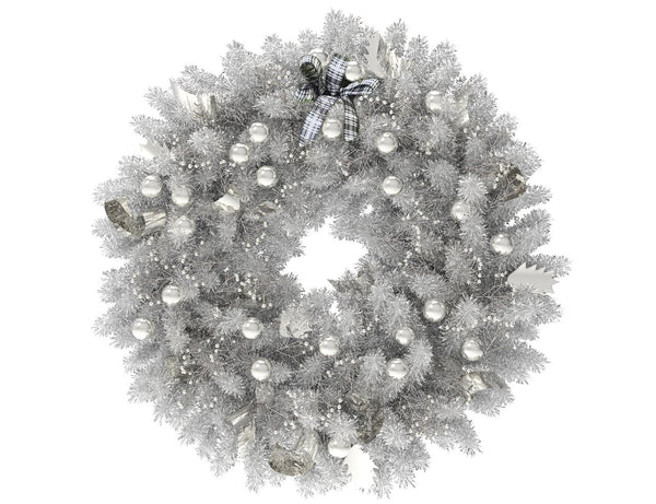 White Christmas wreath with silver globes and silver ribbon
